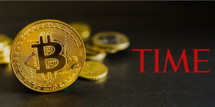 Bitcoin y logo de Time. Composición por CriptoNoticias. Fuentes: Time / Wikimedia.org ;tataks  /  elements.envato.com .